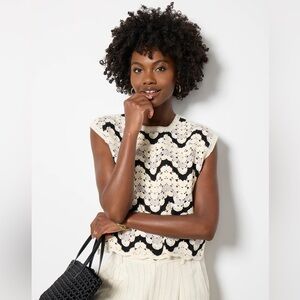 Evereve Erin Crochet Pullover XS Black Cream Cotton Boho Top Knit Vest MSRP $108